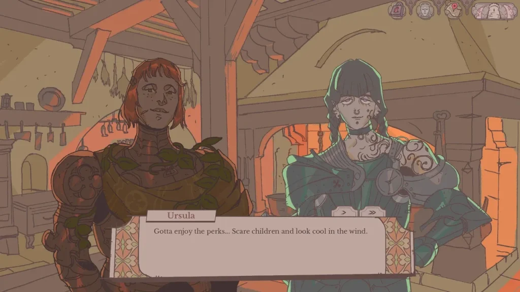 Sovereign Tower: Screenshot - Two women talk to each other -- one a red-haired knight, the other a green-haired and tattooed knight. The green-haired one, Ursula, says, "Gotta enjoy the perks...Scare children and look cool in the wind." , This is part of a review for Sovereign Tower, a new indie visual novel with kingdom and knight management features.
