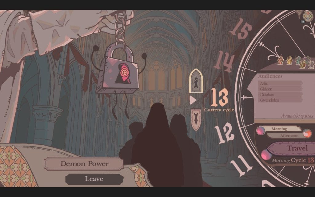 Sovereign Tower: Screenshot - The Demon Power -- a one-eyed devil in a little padlock with arms -- offers to help you rewind. This is part of a review for Sovereign Tower, a new indie visual novel with kingdom and knight management features.