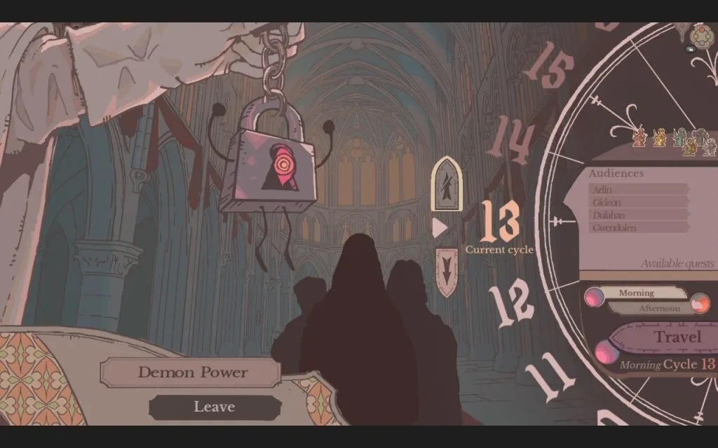 Sovereign Tower: Screenshot - The Demon Power -- a one-eyed devil in a little padlock with arms -- offers to help you rewind. This is part of a review for Sovereign Tower, a new indie visual novel with kingdom and knight management features.