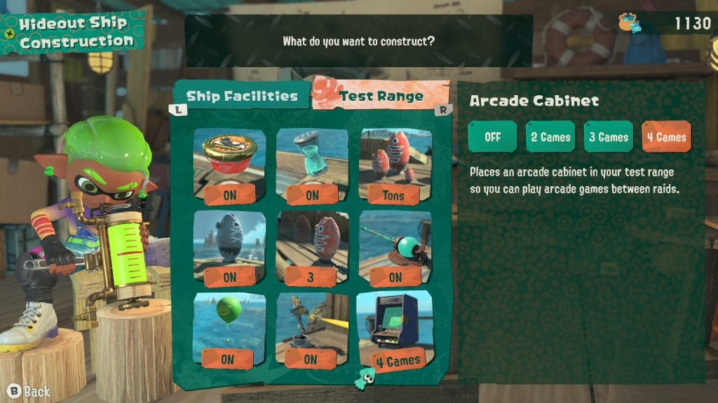 Splatoon Raiders - screenshot of the mechanic constructing various additions to the Hideout Ship