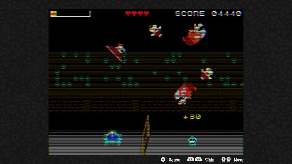 Splatoon Raiders - screenshot of the retro-inspired Juggling arcade game, with the player bouncing various Salmonids across a volleyball net