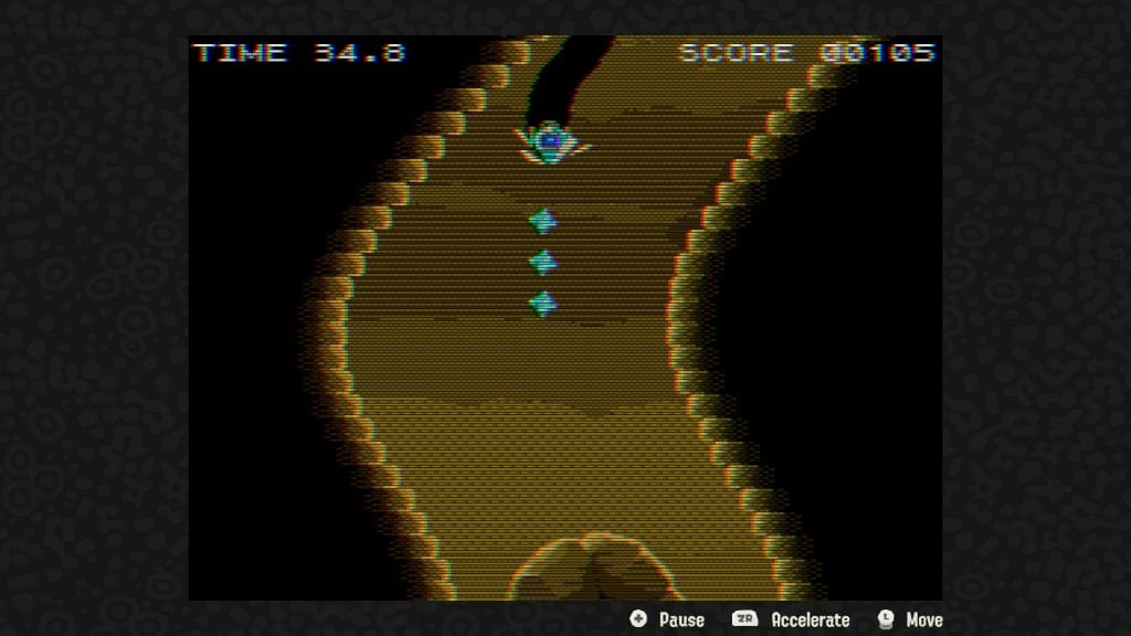 Splatoon Raiders - screenshot of the retro-inspired Mining arcade game, with the player burrowing in the sand using a drill while collecting blue gems
