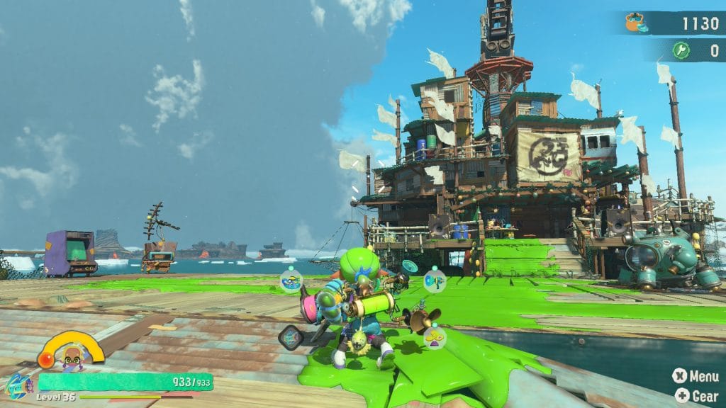 Splatoon Raiders - picturesque view of the Ship Hideout, covered in lime-green ink from the player's weapons