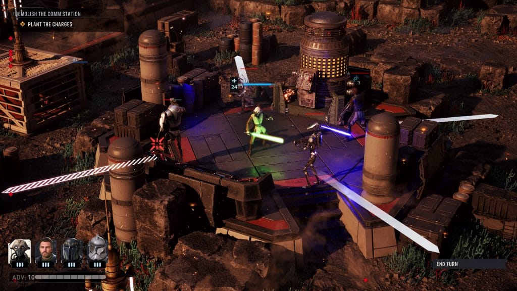 Star Wars Zero Company - screenshot of a jedi holding a green lightsaber standing alongside two droids on the battlefield