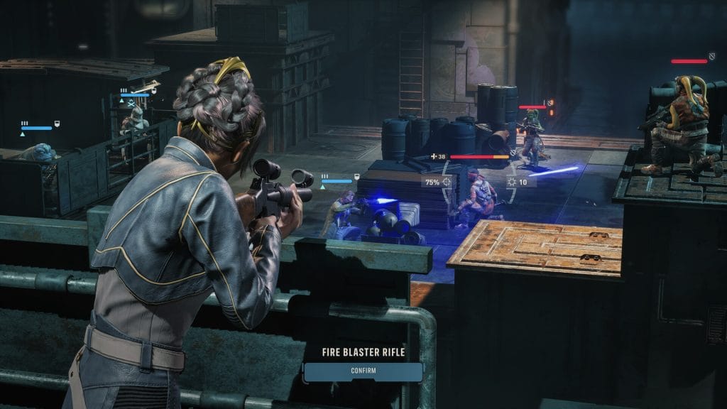 Star Wars Zero Company - gameplay screenshot of a woman with her rifle trained on the enemy, with text at the bottom saying, Fire Blaster Rifle: Confirm.