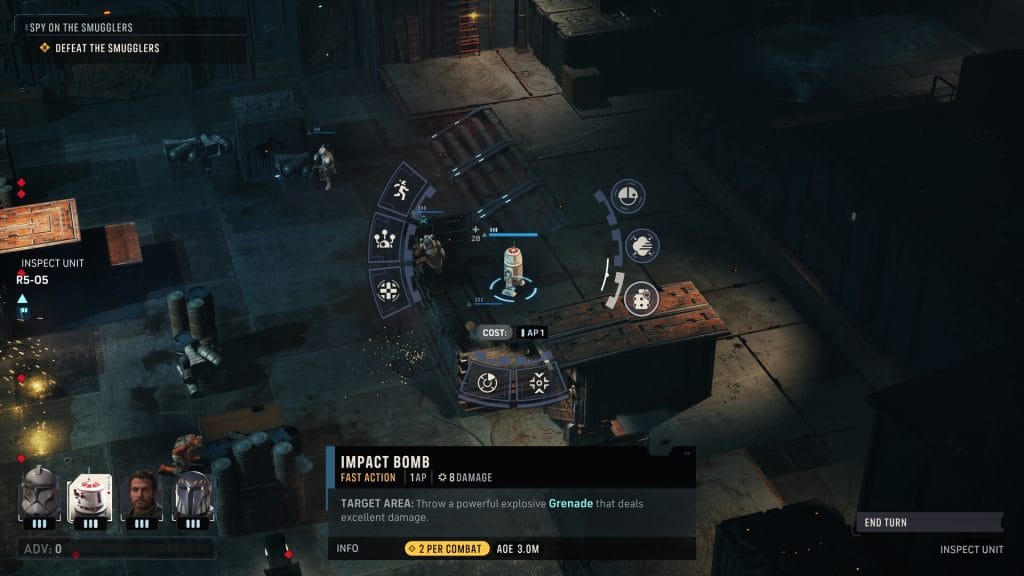Star Wars Zero Company - screenshot of a droid engaged in combat. The "Impact Bomb" ability is selected, which is a fast action that throws a grenade onto the field for massive damage.