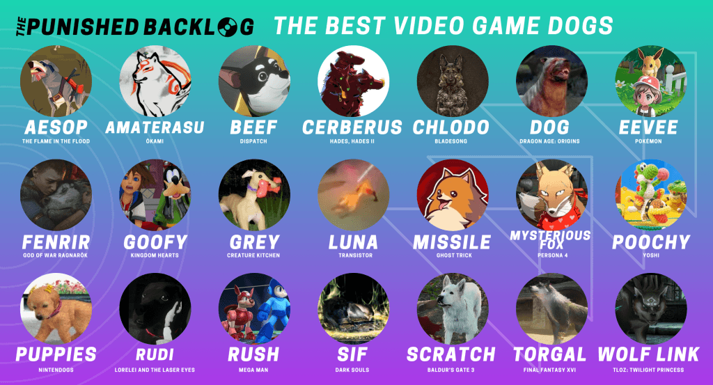 A cover image for a list of the Best Video Game Dogs at the Punished Backlog. This composite image features a "headshot" screenshot of each dog in alphabetical order along with a text caption: Aesop from The Flame in the Flood, Amaterasu in Okami, Beef from Dispatch, Cerberus from Hades and Hades II, Chlodo from Bladesong, Dog from Dragon Age: Origins, Eevee from Pokémon games, Fenrir from God of War Ragnarök, Goofy from Kingdom Hearts, Great Wolf Sif from Dark Souls, Grey from Creature Kitchen, Luna from Transistor, Missile from Ghost Trick: Phantom Detective, Mysterious Fox from Persona 4, Poochy from Yoshi games, Puppies from Nintendogs, Rudi from Lorelai and the Laser Eyes, Rush from Mega Man, Scratch from Baldur's Gate 3, Torgal from Final Fantasy XVI, Wolf Link from The Legend of Zelda: Twilight Princess. There is a teal to purple background gradient.