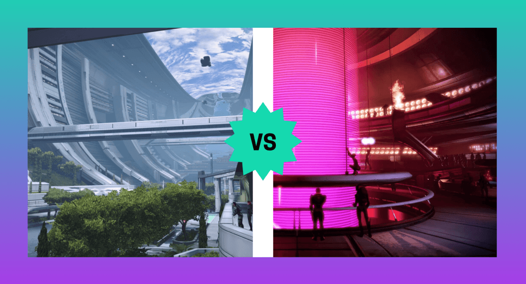 A graphic that shows a screenshot of the Citadel -- wide open spaces, clean silver lines, water, trees, very modern minimalist -- bordered by a white line that has a teal icon that says VS (versus) a screenshot of Afterlife -- an alien night club with fire and a giant pink wall and a sensual red light. The image has a teal to purple gradient background. This image is featured in a conversation debating the Citadel and Afterlife as hubs in the original Mass Effect trilogy.