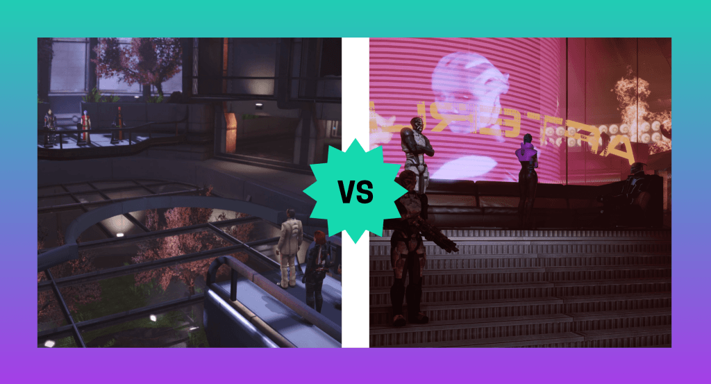 A graphic that shows a screenshot of a female Shepard meeting with the Citadel Council -- three aliens -- in a massive wide court room separated by a white line that has a teal icon that says VS (versus) a screenshot of meeting Aria, a blue alien in front of a giant pink screen, for the first time in Afterlife, as she is surrounded by guards. The image has a teal to purple gradient background. This image is featured in a conversation debating the Citadel and Afterlife as hubs in the original Mass Effect trilogy.