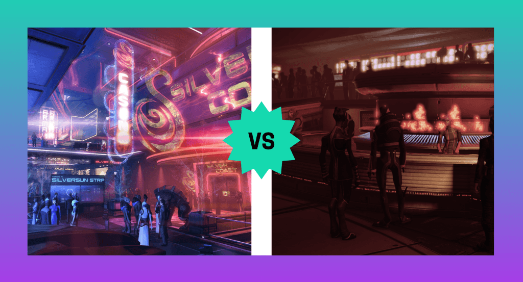 A graphic that shows the Silver Sun Strip --- a glitzy neon mall in the Citadel with aliens shopping -- bordered by a white line that has a teal icon that says VS (versus) a screenshot of Afterlife -- a dark seedy nightclub with alien bartenders and customers. The image has a teal to purple gradient background. This image is featured in a conversation debating the Citadel and Afterlife as hubs in the original Mass Effect trilogy.