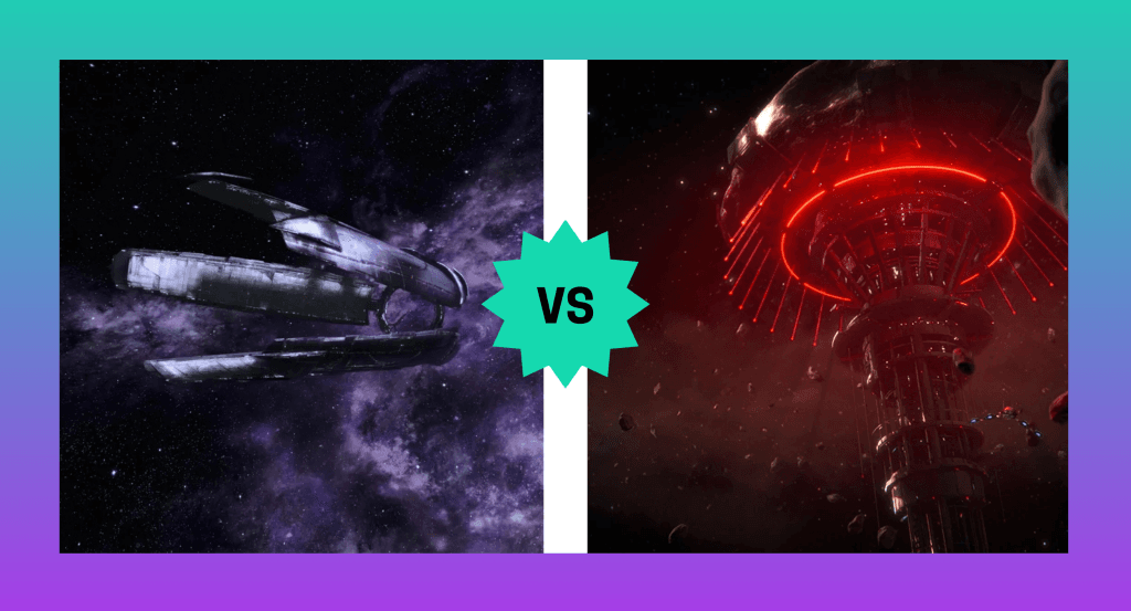 A graphic that shows a screenshot of the Citadel, a massive elegant silver space station in the galaxy, separated by a white line that has a teal icon that says VS (versus) a screenshot of Omega, a space station built into an asteroid with an eerie red light. The image has a teal to purple gradient background. This image is featured in a conversation debating the Citadel and Afterlife as hubs in the original Mass Effect trilogy.