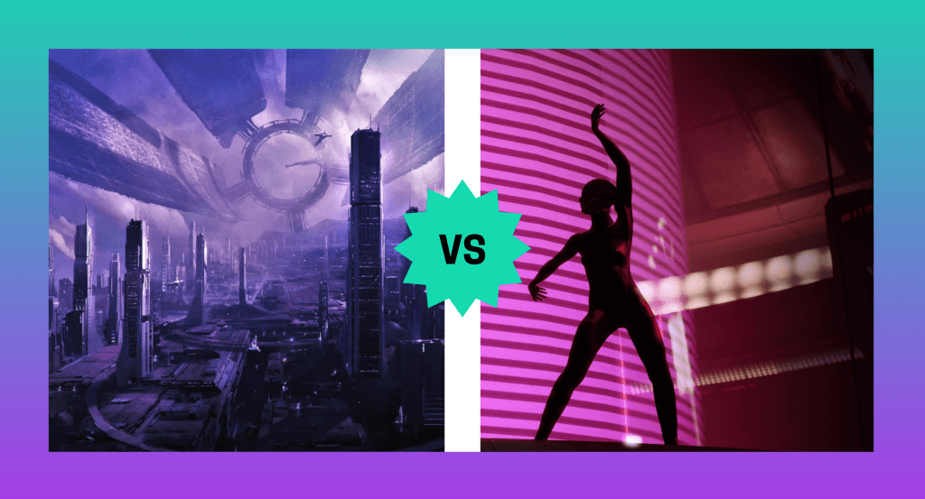 A graphic that shows the a purple-tinted wide view of The Citadel -- massive space station city -- bordered by a white line that has a teal icon that says VS (versus) a screenshot of Afterlife -- a close up of an Asari dancer in front of a pink wall. The image has a teal to purple gradient background. This image is featured in a conversation debating the Citadel and Afterlife as hubs in the original Mass Effect trilogy.