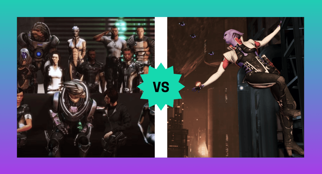 A graphic that shows all of Shepard's friends at a party in the Mass Effect 3 Citadel DLC bordered by a white line that has a teal icon that says VS (versus) a screenshot of Aria T'Loak hanging off a ladder. The image has a teal to purple gradient background. This image is featured in a conversation debating the Citadel and Afterlife as hubs in the original Mass Effect trilogy.