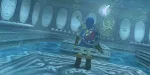 The Legend of Zelda: Ocarina of Time - picture of Link in a blue tunic standing on a platform, his back facing the camera, with Navi hovering around his right shoulder
