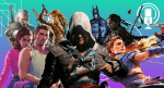 A graphic for The Punished Backlog's Punished Podcast episode about Open World Video Games. There is character artwork from different video games -- from left to right: Geralt from The Witcher 3, Lucia Caminos and Jason Duval from upcoming Grand Theft Auto VI, Link from The Legend of Zelda: Breath of the Wild, Edward Kenway from Assassin's Creed: Black Flag Re-Synced, Batman from Batman Arkham City, Jin Sakai form Ghost of Tsushima, and Aloy from Horizon Zero Dawn. There is a teal and purple background gradient. There are also white graphic shapes as accents along with a microphone.