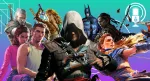 A graphic for The Punished Backlog's Punished Podcast episode about Open World Video Games. There is character artwork from different video games -- from left to right: Geralt from The Witcher 3, Lucia Caminos and Jason Duval from upcoming Grand Theft Auto VI, Link from The Legend of Zelda: Breath of the Wild, Edward Kenway from Assassin's Creed: Black Flag Re-Synced, Batman from Batman Arkham City, Jin Sakai form Ghost of Tsushima, and Aloy from Horizon Zero Dawn. There is a teal and purple background gradient. There are also white graphic shapes as accents along with a microphone.