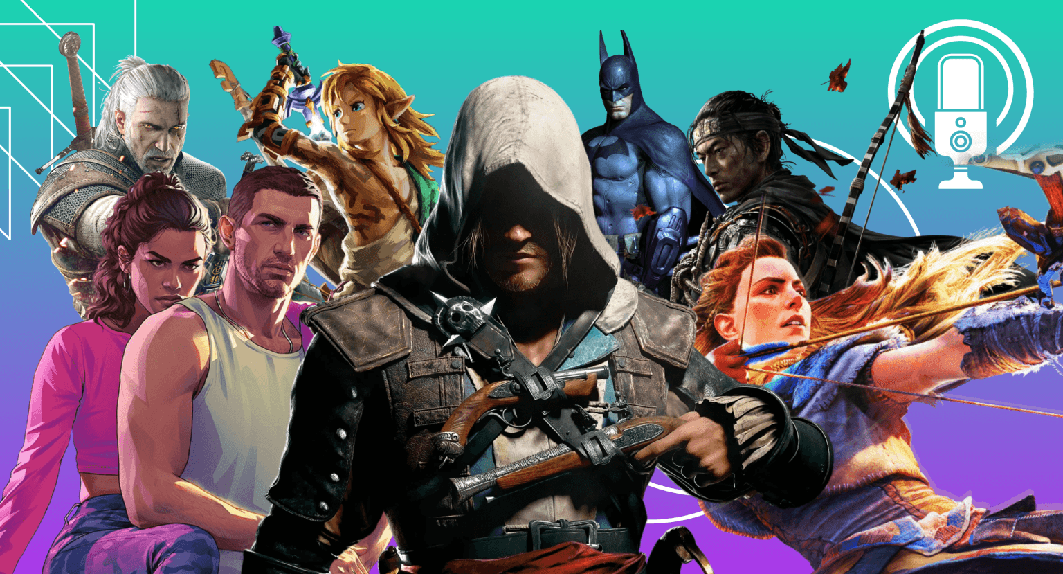 A graphic for The Punished Backlog's Punished Podcast episode about Open World Video Games. There is character artwork from different video games -- from left to right: Geralt from The Witcher 3, Lucia Caminos and Jason Duval from upcoming Grand Theft Auto VI, Link from The Legend of Zelda: Breath of the Wild, Edward Kenway from Assassin's Creed: Black Flag Re-Synced, Batman from Batman Arkham City, Jin Sakai form Ghost of Tsushima, and Aloy from Horizon Zero Dawn. There is a teal and purple background gradient. There are also white graphic shapes as accents along with a microphone.