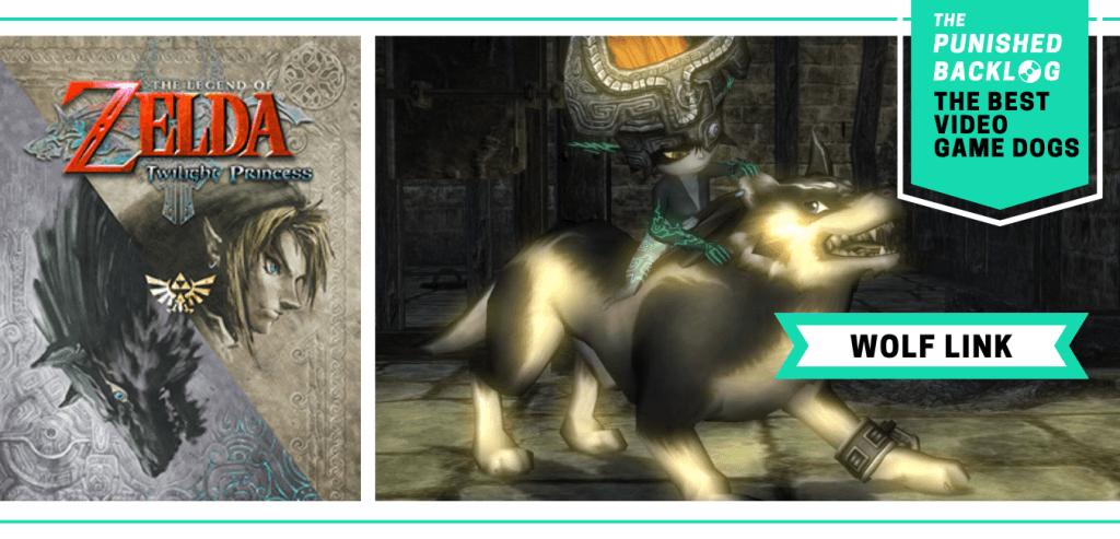The Best Video Game Dogs: Wolf Link from The Legend of Zelda: Twilight Princess. This composite graphic shows the cover art of the game and a screenshot of Link as a wolf with Midna on his back. In the upper right corner, there is a teal banner with the logo for The Punished Backlog and text that shares the list title "The Best Video Game Dogs."