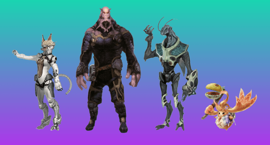 Side-by-side comparison photo showing a Wrothian, Prone, Orphean, and Nopon from the Xenoblade universe
