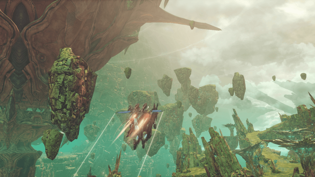 Photo of a skell from Xenoblade Chronicles X as it flies in the air, surrounded by a series of massive sky islands