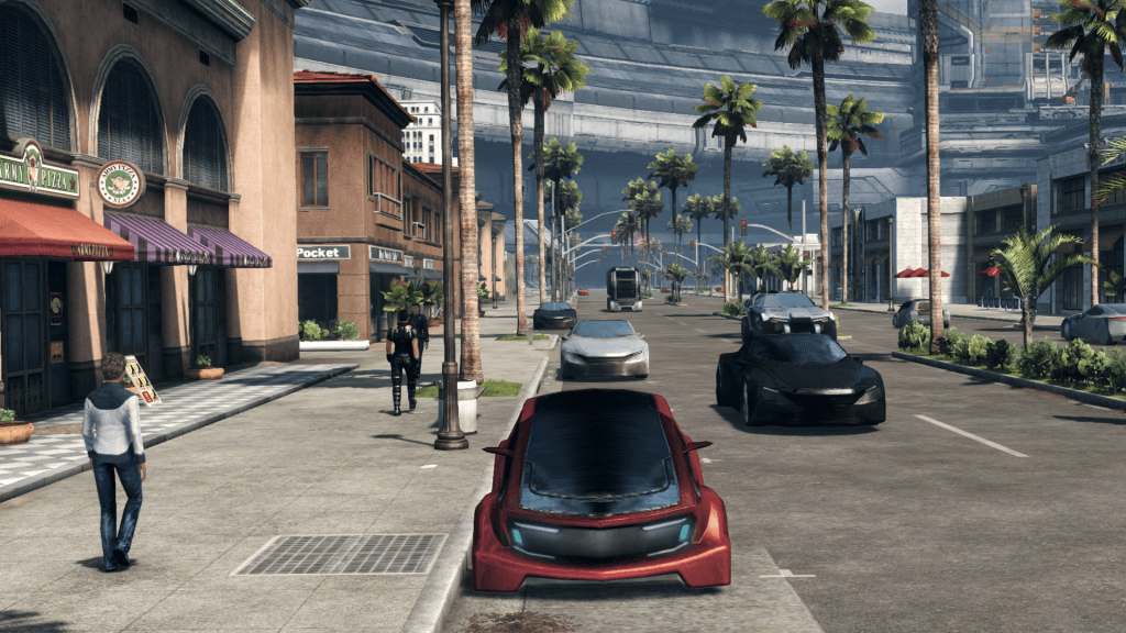 Photo of New Los Angeles (NLA) from Xenoblade Chronicles X. Pedestrians walk the street while cars drive in the street. Palm trees line the sidewalk