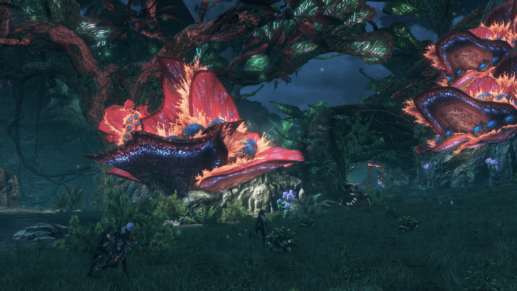Photo of the party from Xenoblade Chronicles X running underneath massive glowing mushrooms in a forest at night