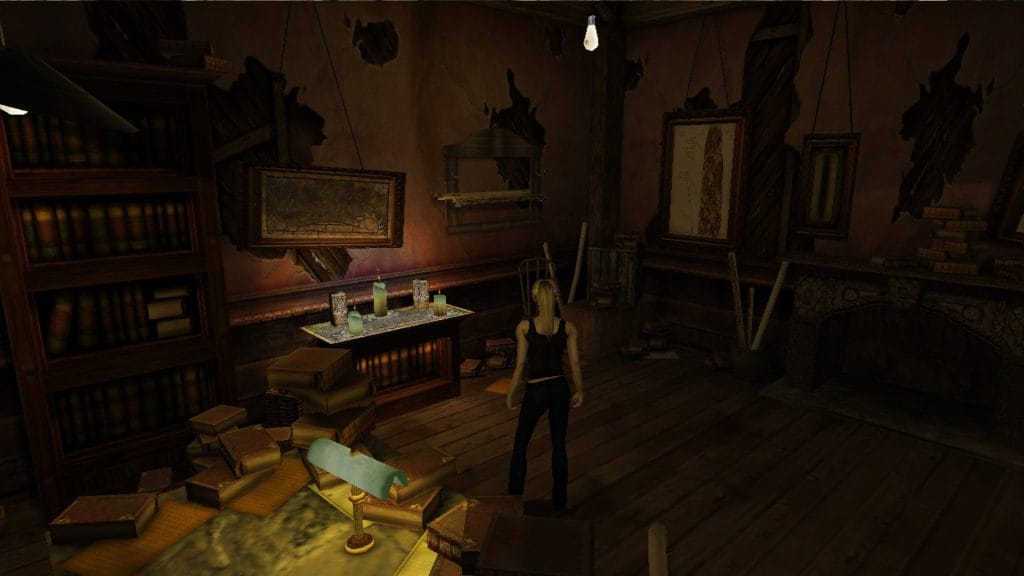 A screenshot from Eternal Darkness: Sanity’s Requiem (2002) on the Nintendo GameCube showing Alex in a dilapidated and scary looking mansion. This is featured in a piece about Metroid and Nintendo horror games.