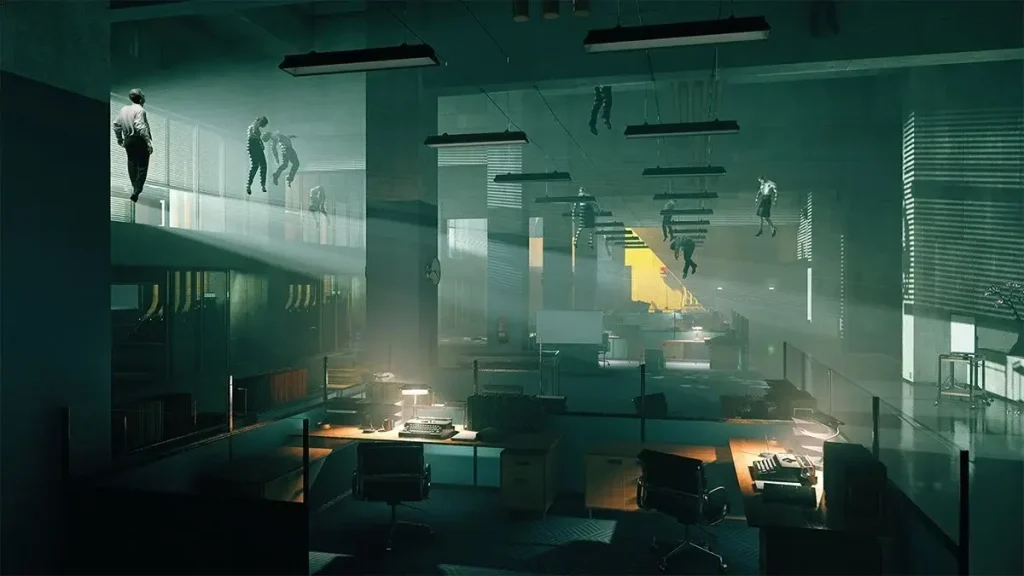 Control: A screenshot of the Oldest House in the Bureau where Hiss-possessed workers float in the air over a mod level design. This is featured in a piece relating Control to Metroid.