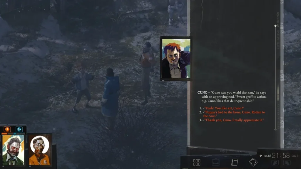 A Disco Elysium screenshot showing a conversation of meeting Cuno and talking about graffiti. This image is featured in a conversation of a group of gamers reflecting on playing Disco Elysium.