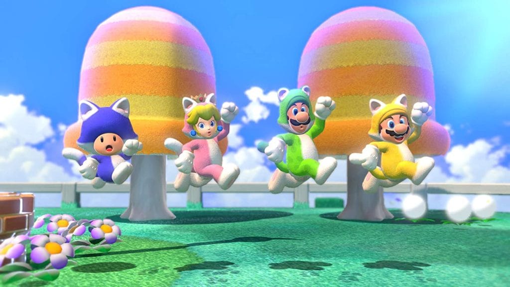 Super Mario 3D World - Mario, Luigi, Toad, and Princess Peach jumping in unison in cat costumes