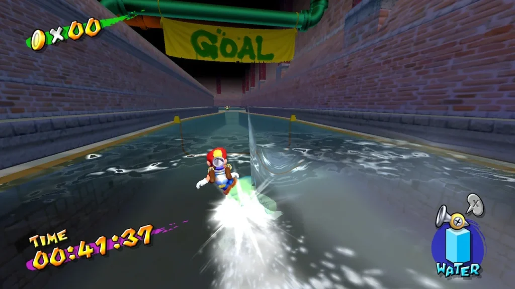 Super Mario Sunshine - Mario surfing on a blooper through a sewer obstacle course