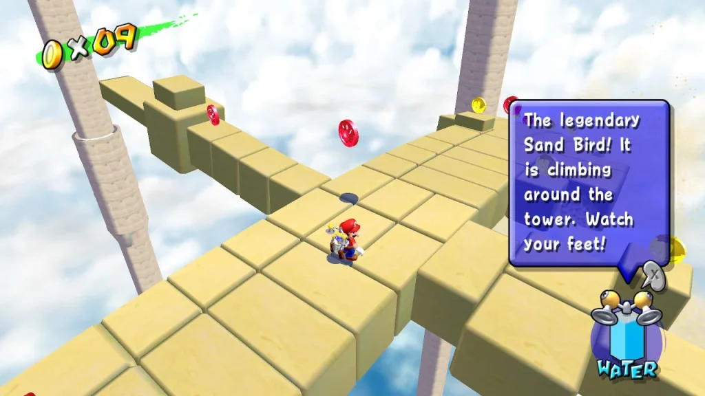 Super Mario Sunshine - gameplay of mario on top of a large flying bird made of sand.