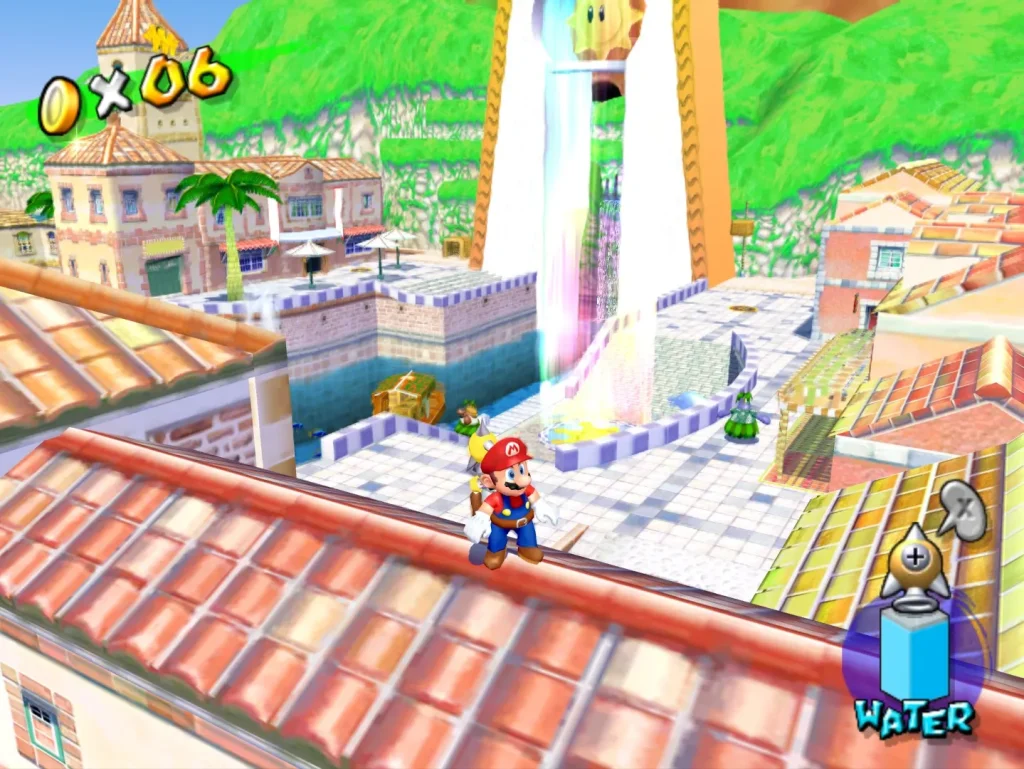 Super Mario Sunshine - Mario standing on a rooftop in Delfino Plaza