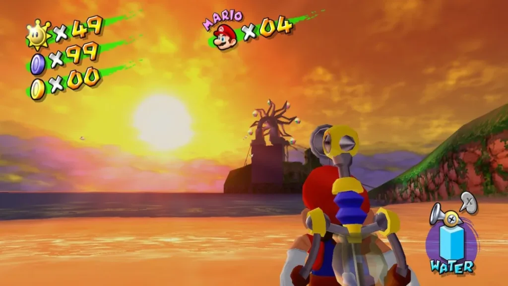 Super Mario Sunshine - Mario gazing at a sunset over the ocean