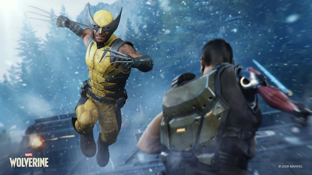 A promotional screenshot of Marvel's Wolverine, developed by Insomniac Games and published by Sony Interactive Entertainment. In this screenshot, Wolverine is in his classic yellow suit with his claws out as he leaps through the air to fight cybernetic enemy. They fight in snowy forest in front of armored cars.