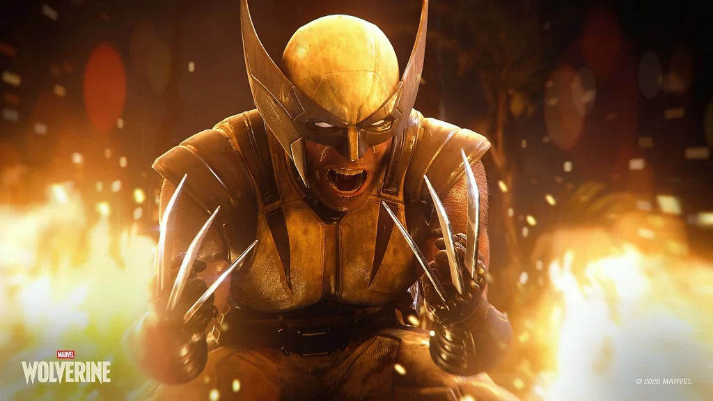 A promotional screenshot of Marvel's Wolverine, developed by Insomniac Games and published by Sony Interactive Entertainment. In this screenshot, Wolverine is in his classic yellow suit with his claws out as he screams, surrounded by flames.