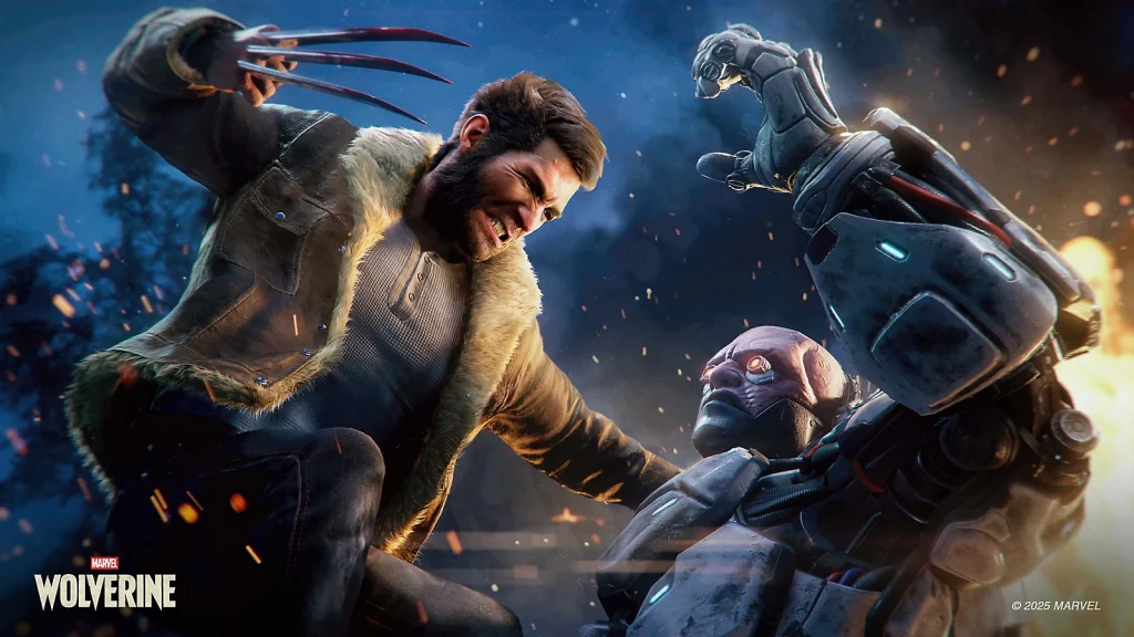 A promotional screenshot of Marvel's Wolverine, developed by Insomniac Games and published by Sony Interactive Entertainment. In this screenshot, Wolverine is wearing a henley shirt and a fur-trimmed jacket as he fights a robot-like creature in the woods.