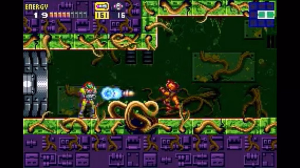 A screenshot of Samus shooting plant aliens in a scary level in Metroid Fusion. This image is featured in a piece about the Metroid series as a Nintendo Haunted House game franchise at The Punished Backlog, discussing the scary and spooky elements of Metroid.