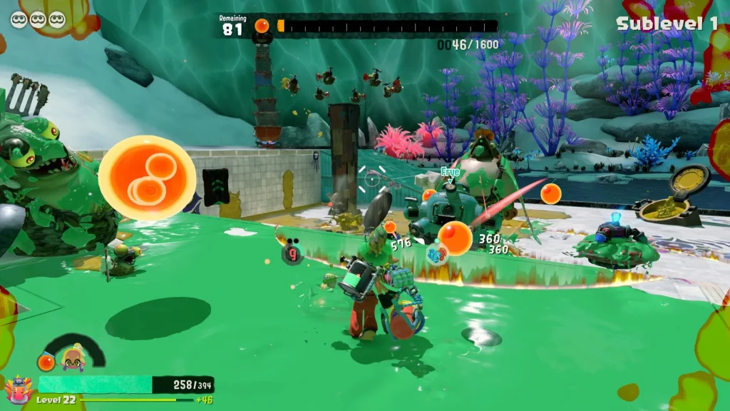 Splatoon Raiders - Gameplay of the Mechanic using a gatling gun to shoot green ink at a variety of disgusting Salmonids