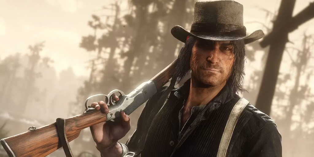 Red Dead Redemption 2 - close up of John Marston resting a shotgun on his shoulder