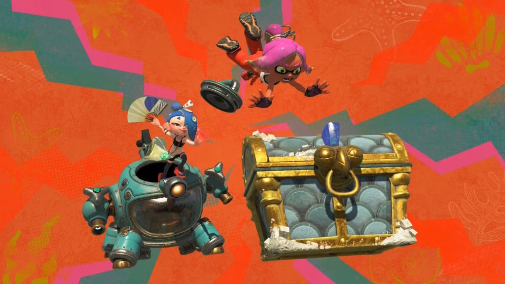 Splatoon Raiders - Shiver and the Mechanic celebrating finding a treasure chest at the end of a level