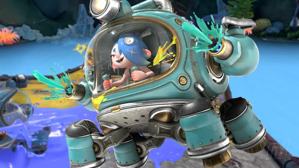 Splatoon Raiders - Shiver piloting the Bot Buddy, looking gleefully at the Salmonids she's shooting