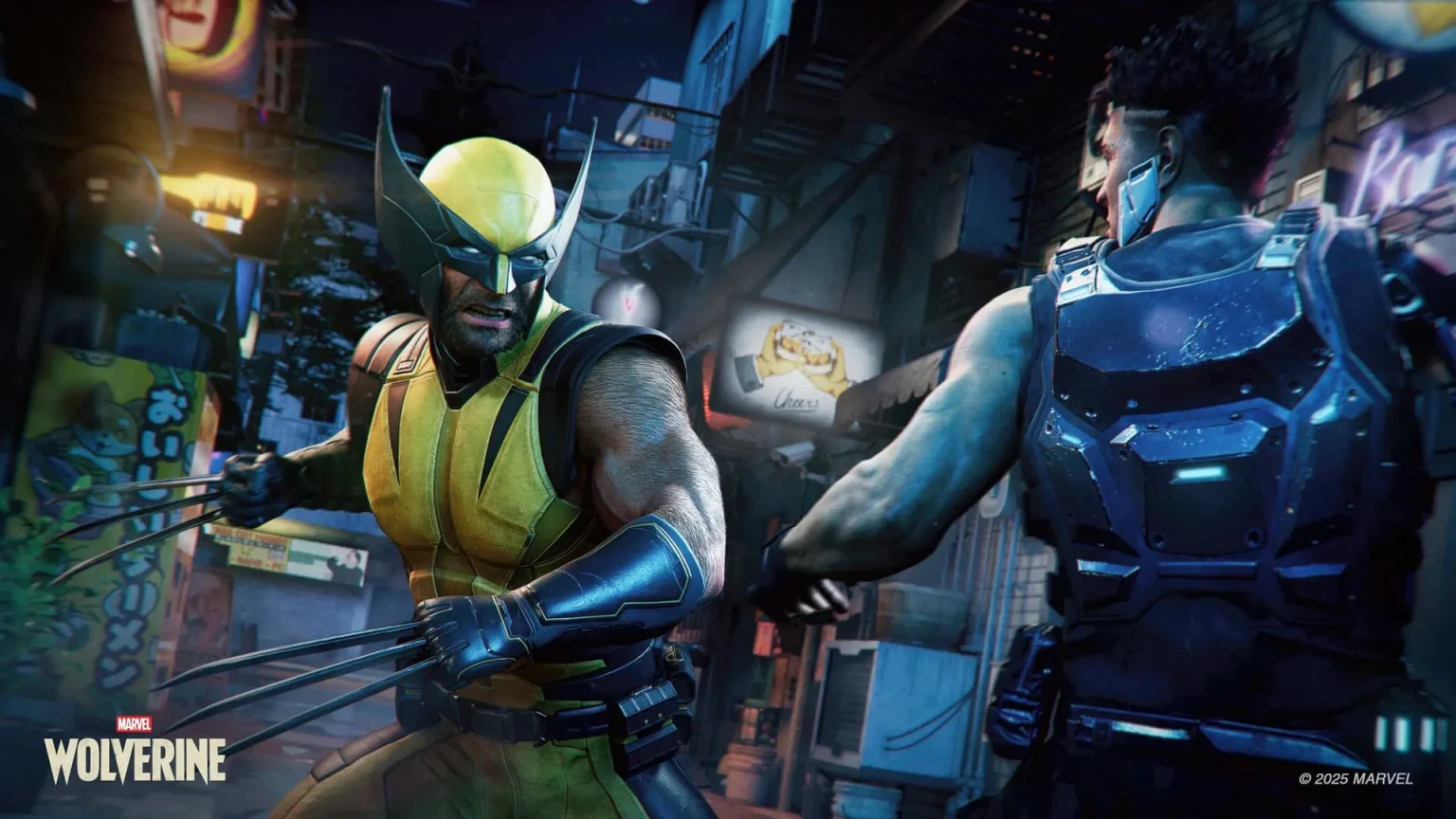 Wolverine Previews: A Spoiler-Free Preview of the Previews A promotional screenshot of Marvel's Wolverine, developed by Insomniac Games and published by Sony Interactive Entertainment. In this screenshot, Wolverine is in his classic yellow suit with his claws out, fighting an enemy in a dark city.