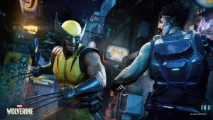 A promotional screenshot of Marvel's Wolverine, developed by Insomniac Games and published by Sony Interactive Entertainment. In this screenshot, Wolverine is in his classic yellow suit with his claws out, fighting an enemy in a dark city.