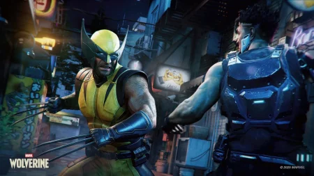 Wolverine Previews: A Spoiler-Free Preview of the Previews A promotional screenshot of Marvel's Wolverine, developed by Insomniac Games and published by Sony Interactive Entertainment. In this screenshot, Wolverine is in his classic yellow suit with his claws out, fighting an enemy in a dark city.