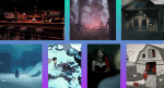 7 Upcoming Horror Indie Games in Fall 2026 - This is the cover art for an article. There are screenshots from the upcoming games Blue Ridge Hunting, Grave Seasons, Nowhere, Penguin Colony, Silver Pines, Tenebris Somnia, Tom the Postgirl. There is a teal-to-purple background gradient.