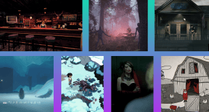 7 Upcoming Horror Indie Games in Fall 2026 - This is the cover art for an article. There are screenshots from the upcoming games Blue Ridge Hunting, Grave Seasons, Nowhere, Penguin Colony, Silver Pines, Tenebris Somnia, Tom the Postgirl. There is a teal-to-purple background gradient.