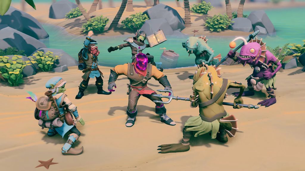 For the King 2 - multiple players with varying weapons and abilities battle against reptilian fish people on a beach