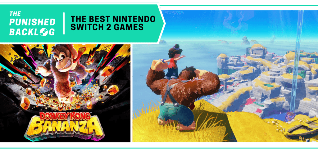 Graphic for our "Best Nintendo Switch 2 Games" list showing a side-by-side of the cover art for Donkey Kong Bananza with a promotional screenshot showing DK and Pauline overlooking the Lagoon Layer