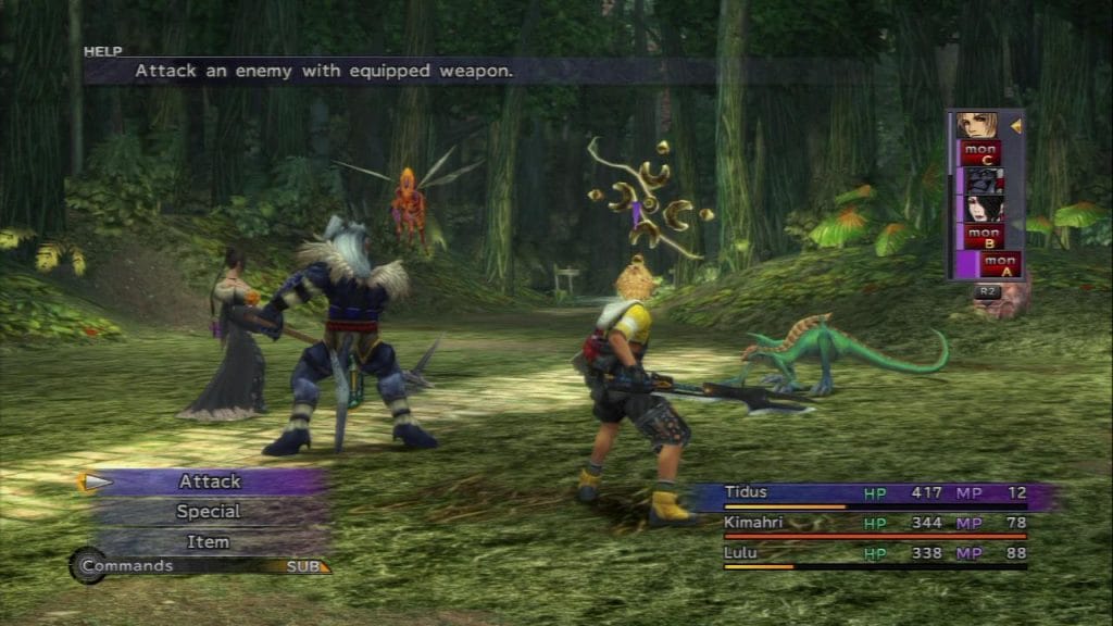 Final Fantasy X - gameplay of a random encounter battle with several different enemies, with the party comprised of Tidus, Kimahri, and Lulu.